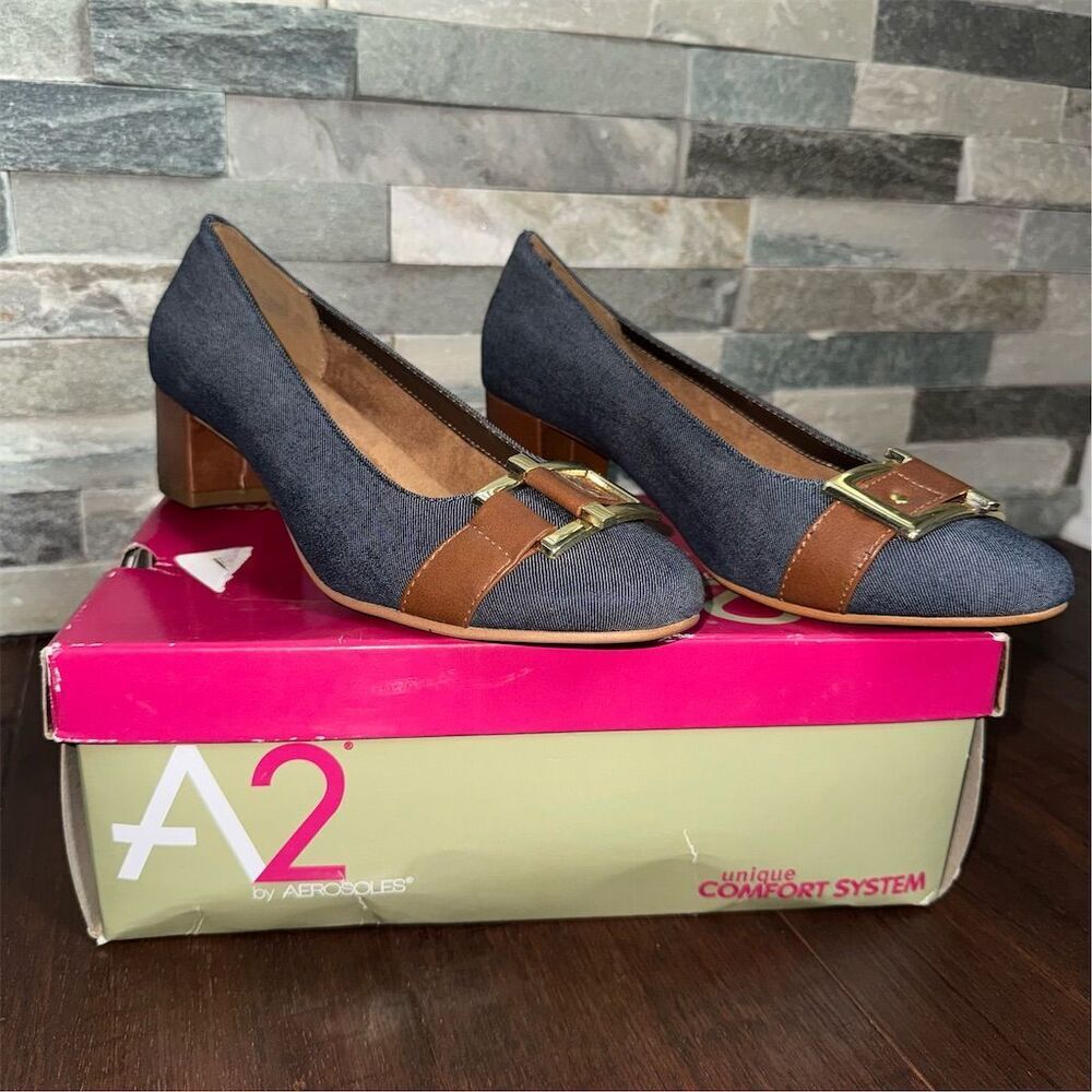 A2 by Aerosoles Women's Blue Denim Block Heel Pumps Size 8.5 Wide Casual Office
